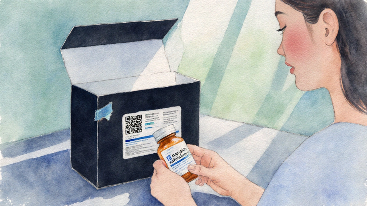 Person opening a sealed package revealing doxycycline tablets and QR code.