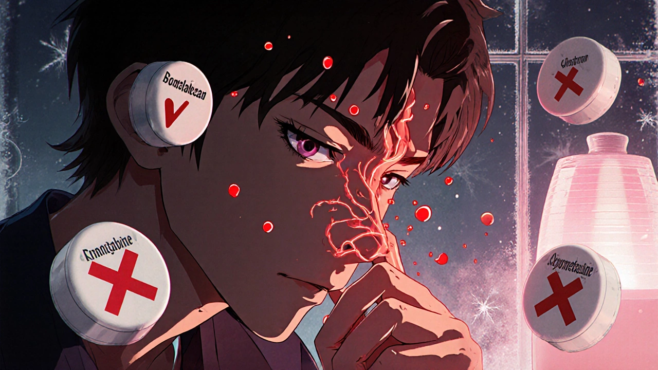 Person pinching nose to stop bleeding, blood droplets floating, medication pills with X marks nearby.