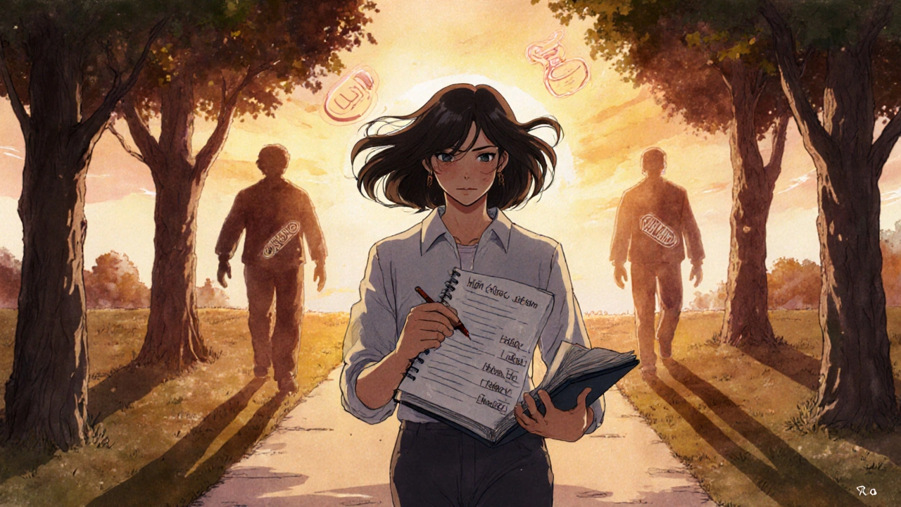 Person walking at sunset as blood sugar improves, statin symbols fading in background