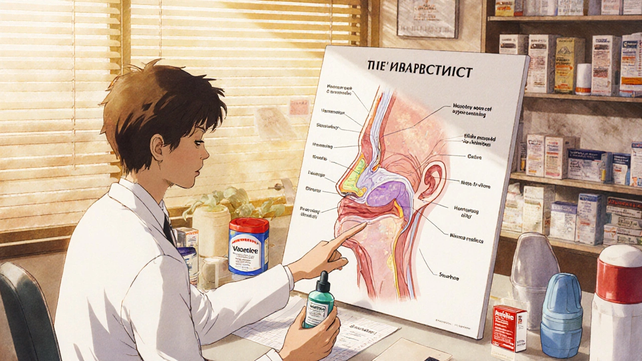 Pharmacist and patient reviewing nasal anatomy chart with medication interactions shown.