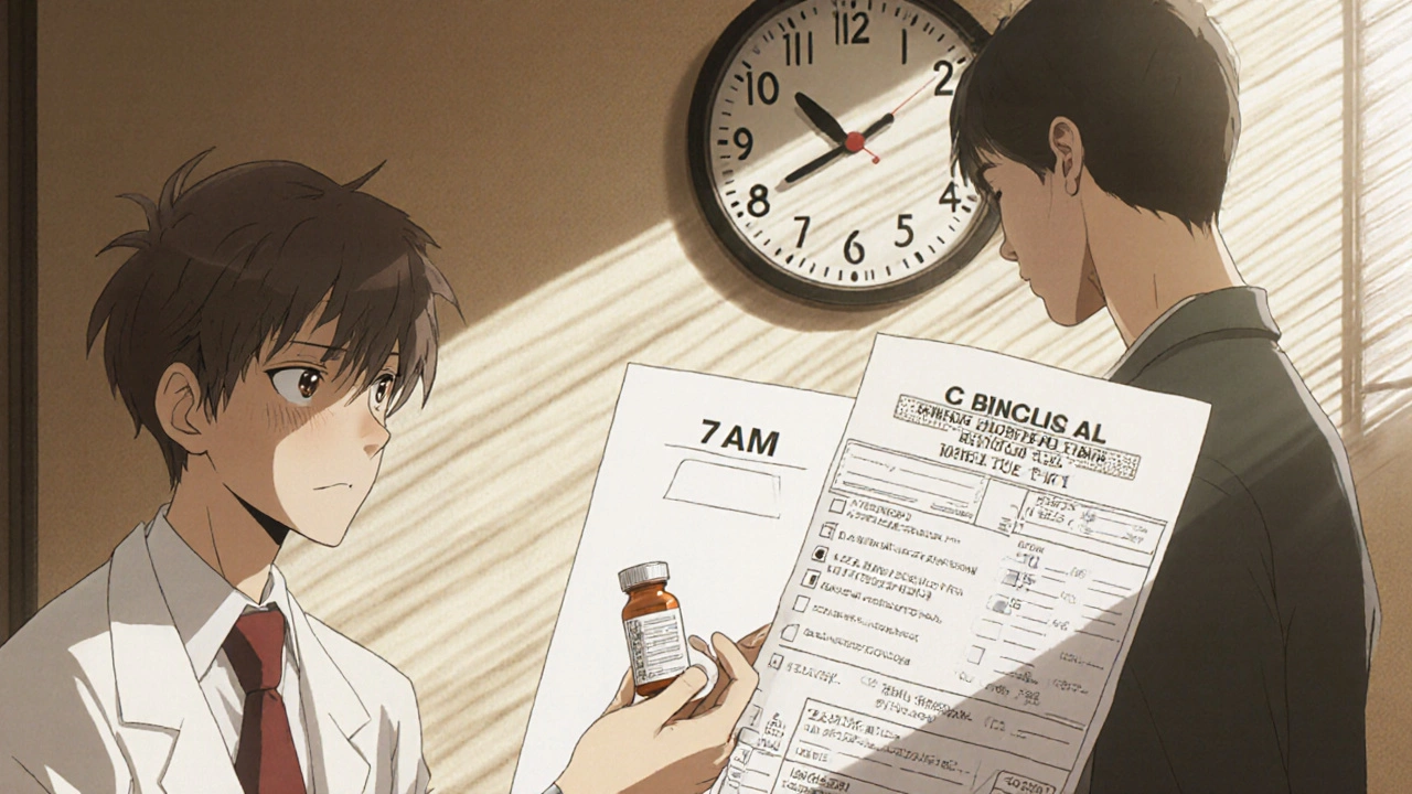 Psychiatrist giving pill bottle next to blood test report with morning sunlight.