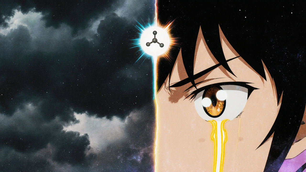 Retro anime comparison of timolol and latanoprost with symbolic eye pressure visuals