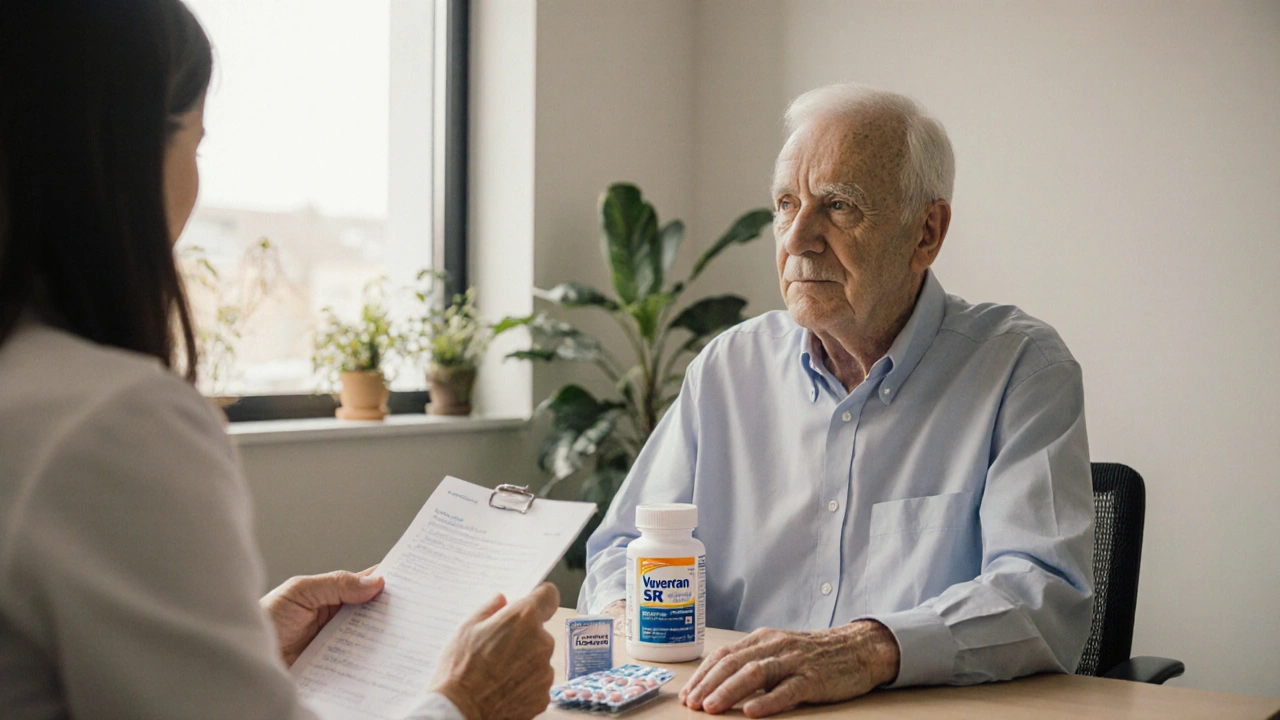 Senior patient and doctor discussing medication, Voveran SR bottle beside ibuprofen pack.
