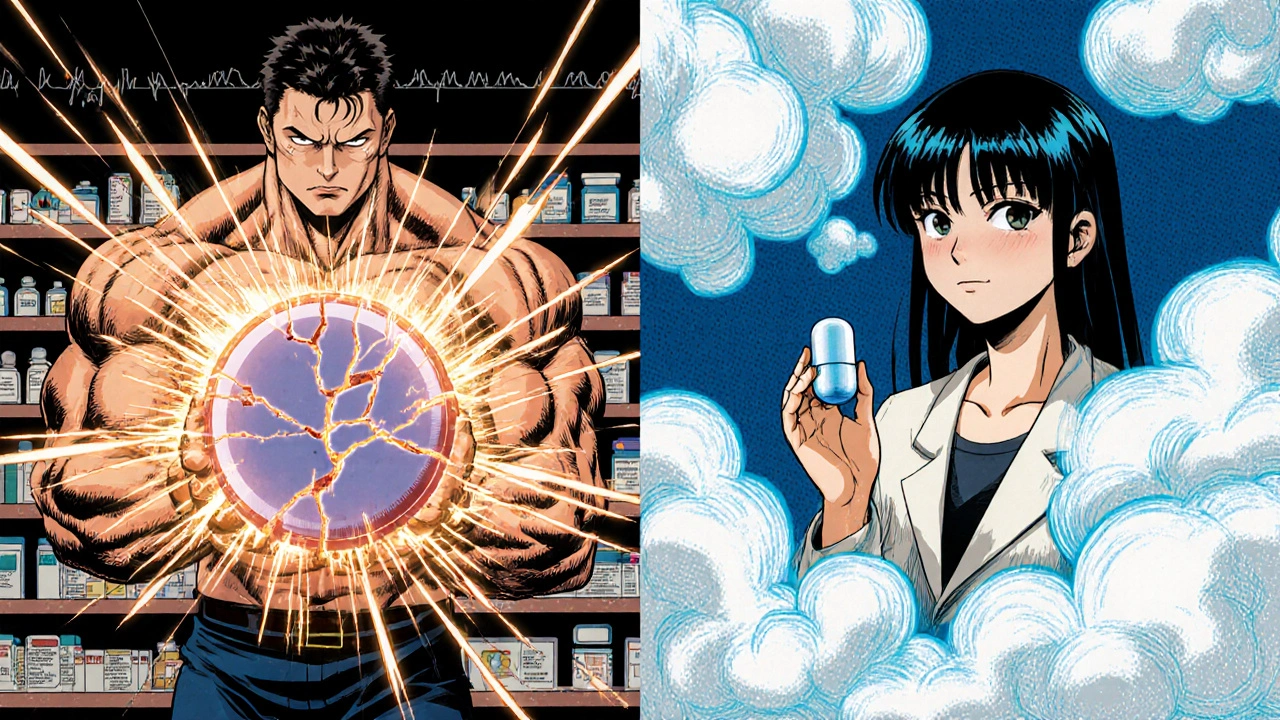 Side-by-side anime scene: one figure with muscle pain from simvastatin, another calm with Crestor lowering cholesterol clouds.