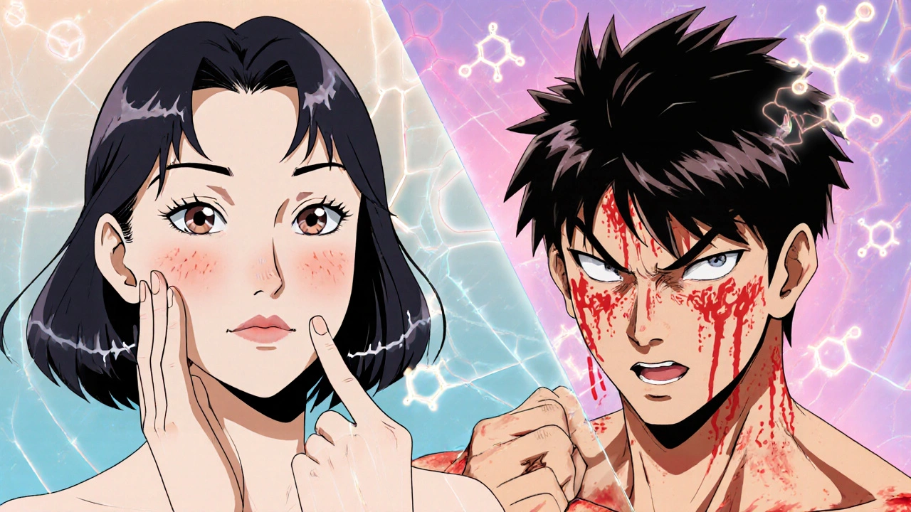 Side-by-side anime scene: one person with perfect skin using adapalene, another with red, peeling skin using tazarotene.