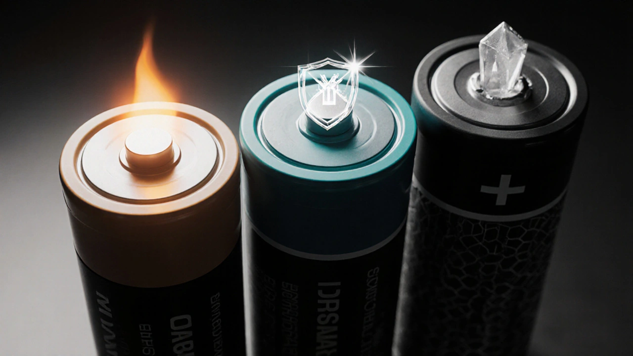 Side‑by‑side cross‑sections of lithium‑ion, LFP, and solid‑state batteries highlighting internal layers and safety cues.