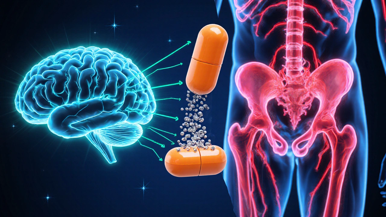 Split illustration showing serotonin boost in the brain and increased blood flow to the penis from one dissolving tablet.