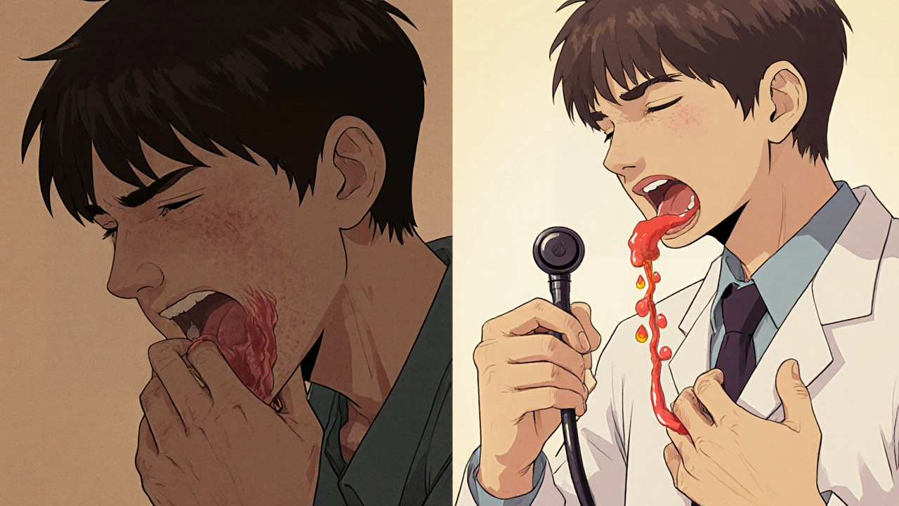 Split panel showing sore throat symptoms and heartburn in retro anime style.