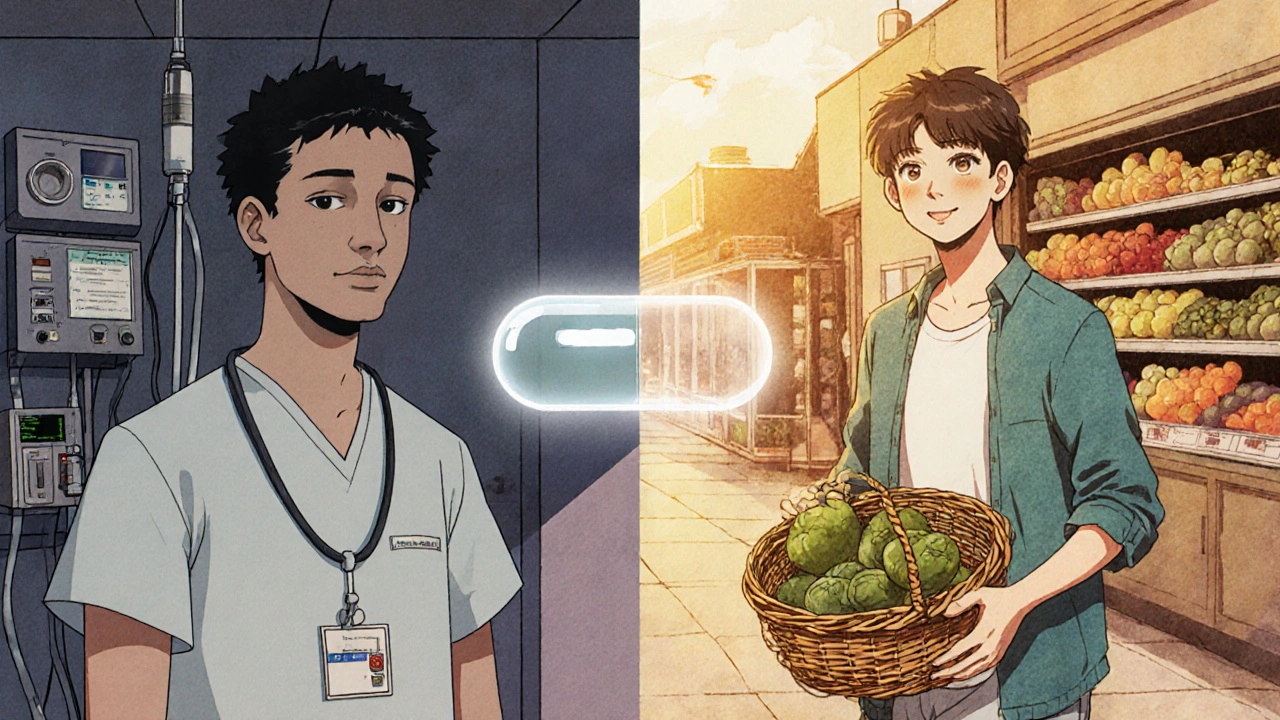 Split scene: patient in hospital vs. smiling outside grocery store with medication symbol.