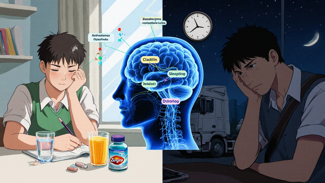 Split scene showing Allegra user alert in daylight versus Zyrtec user tired at night, with histamine visuals.