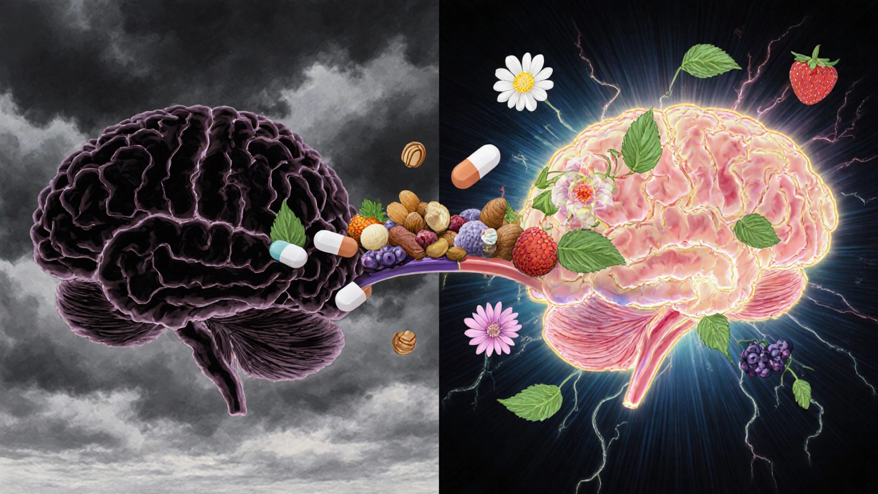 Split-screen of a damaged brain versus a healthy one, connected by pills and healthy foods in retro anime style.