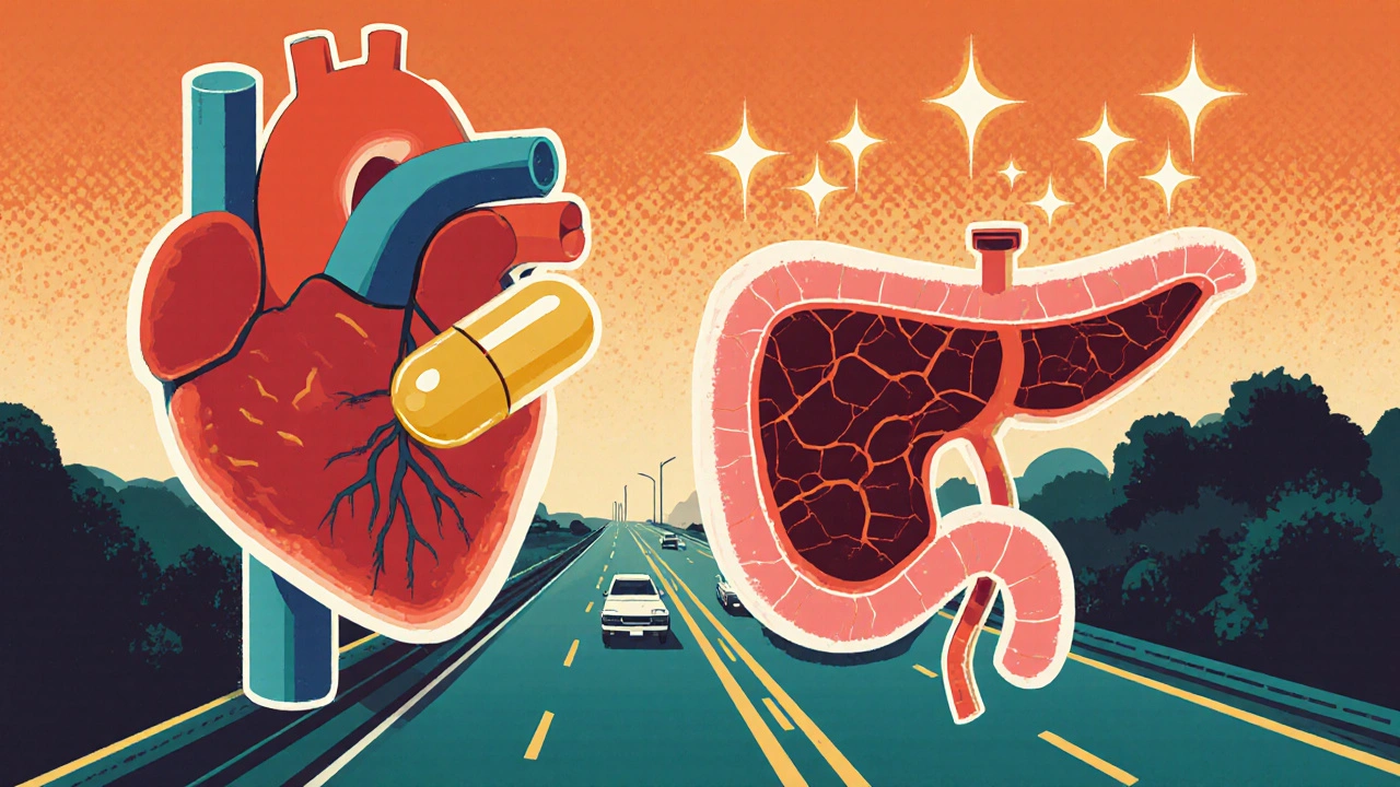 Stylized heart and pancreas with statin capsule protecting heart while glucose particles rise