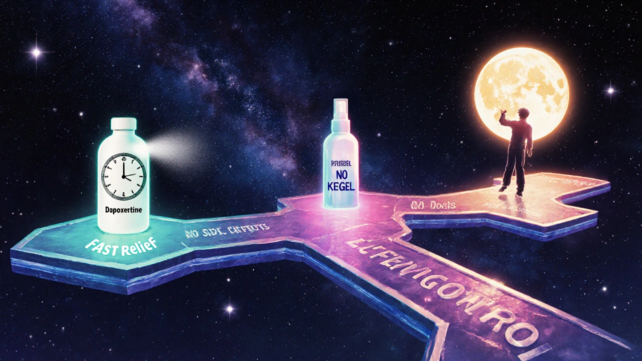 Three glowing paths represent Duralast, topical spray, and Kegel exercises leading to different outcomes in a starry retro anime scene.