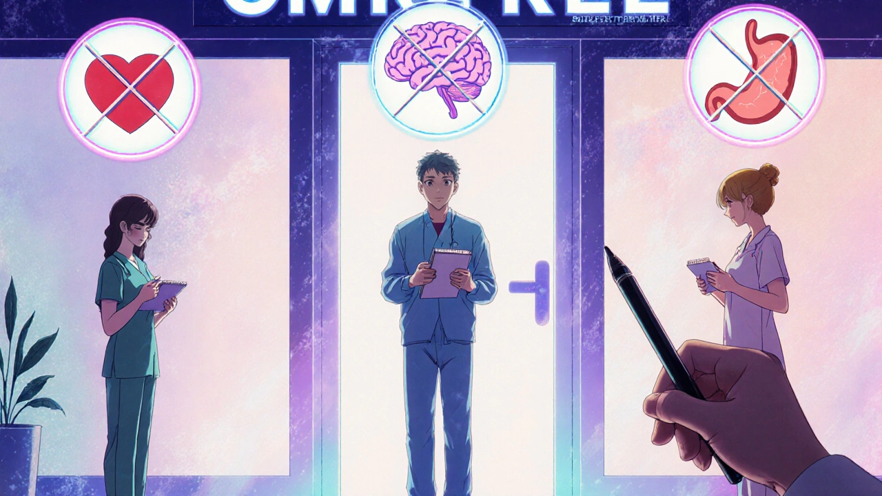 Three patients with health icons being resolved by a pharmacist near a pharmacy door marked &#039;CMR FREE&#039;.