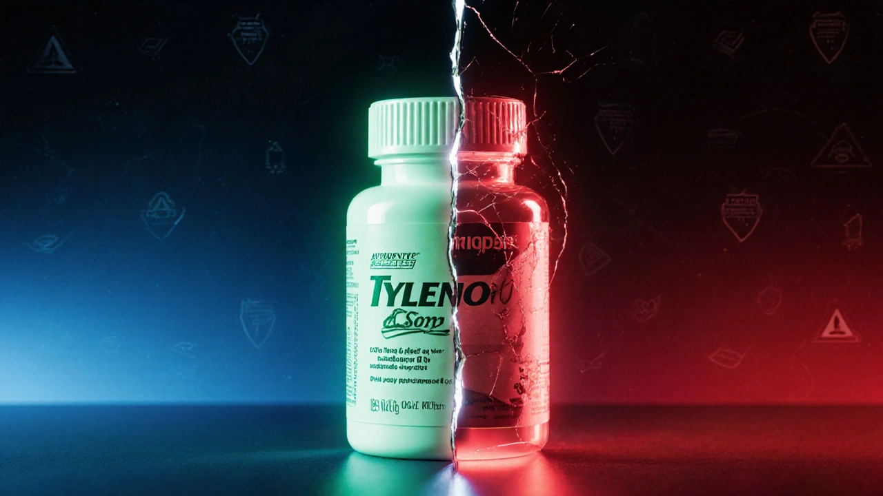 Two pill bottles side by side: one safe with green glow, one counterfeit with red cracked seal.