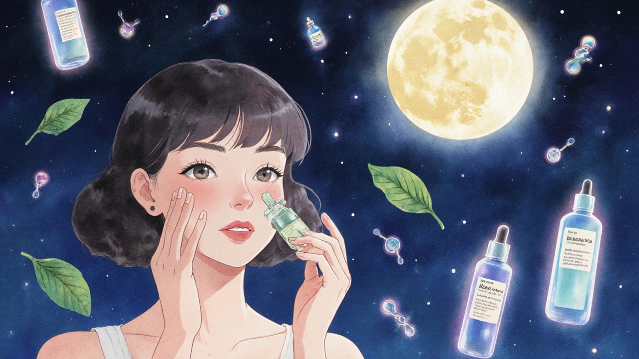 Woman applying bakuchiol at night, surrounded by glowing plant leaves and peptides, skin calm and healthy.