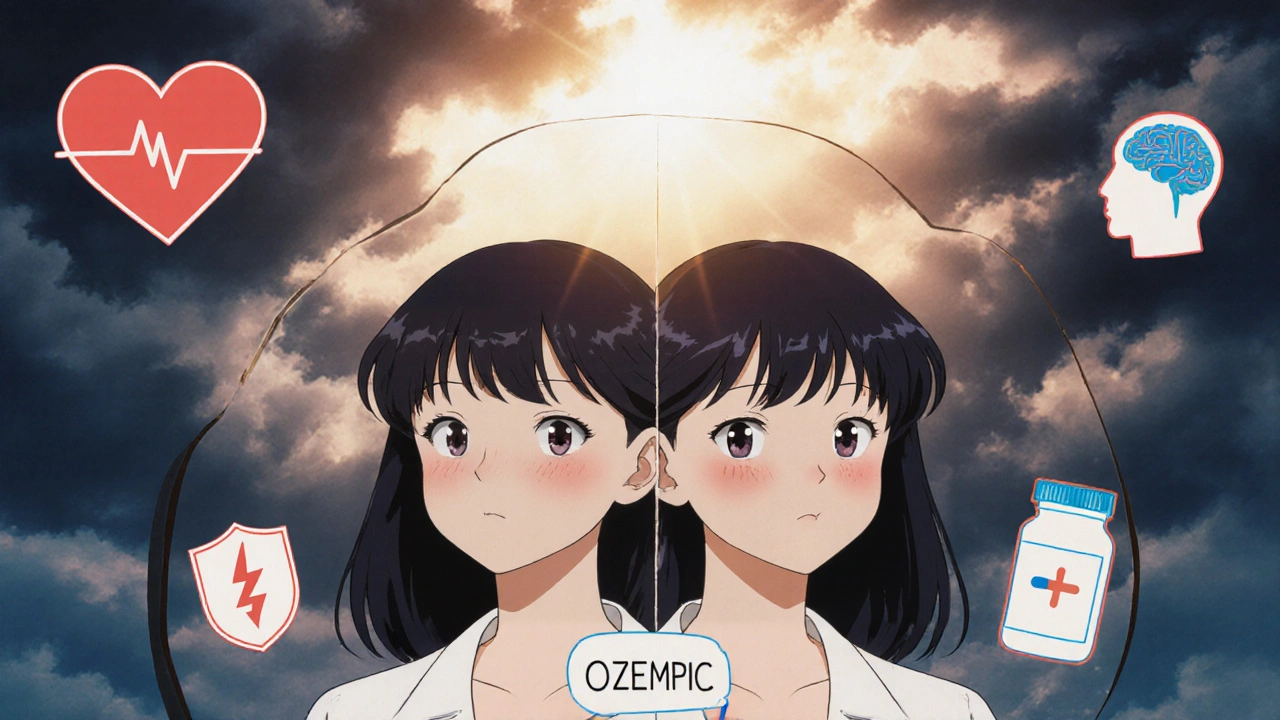 Woman in mirror seeing before-and-after self, with medical symbols glowing behind her in nostalgic anime style.