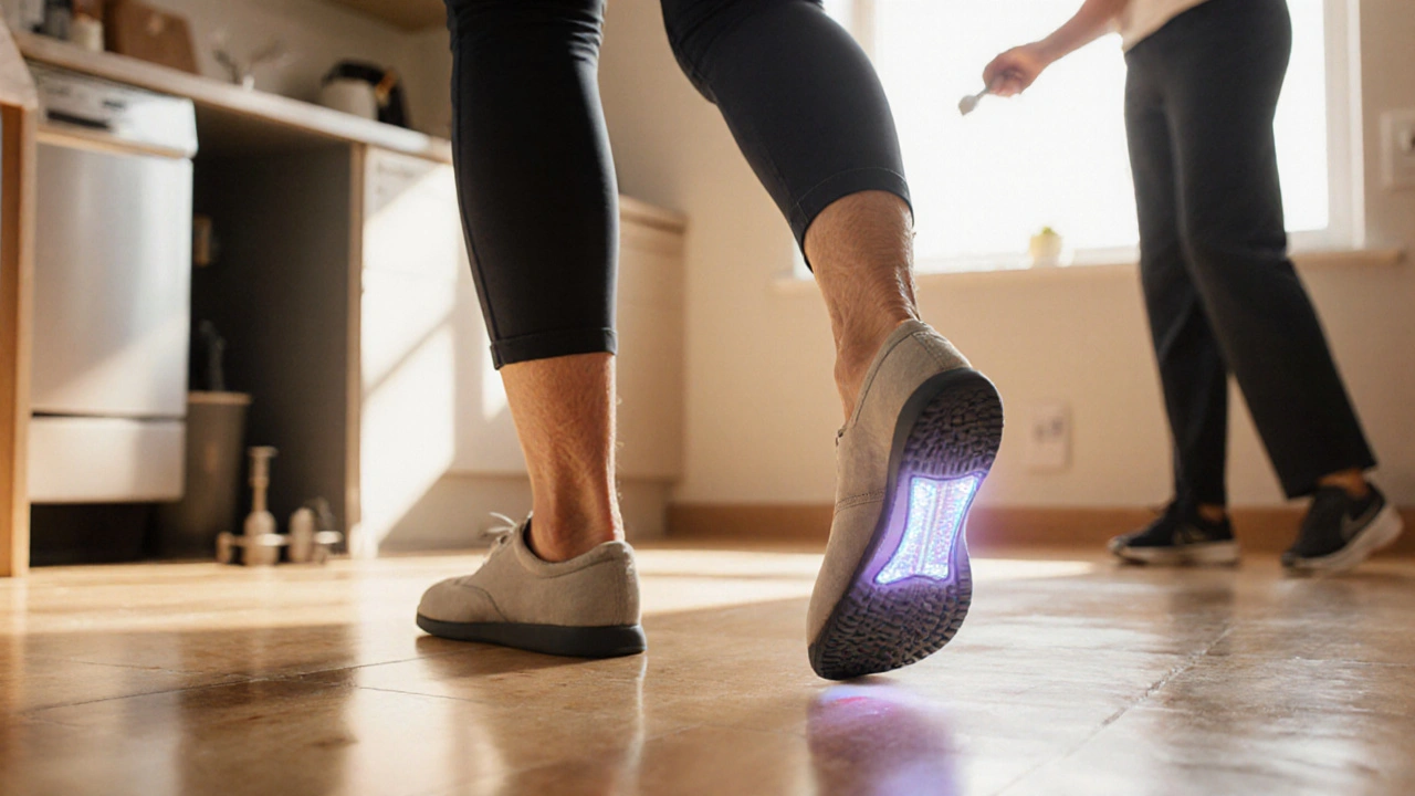 Woman walking on a kitchen floor with orthotic shoes, guided by a physiotherapist.