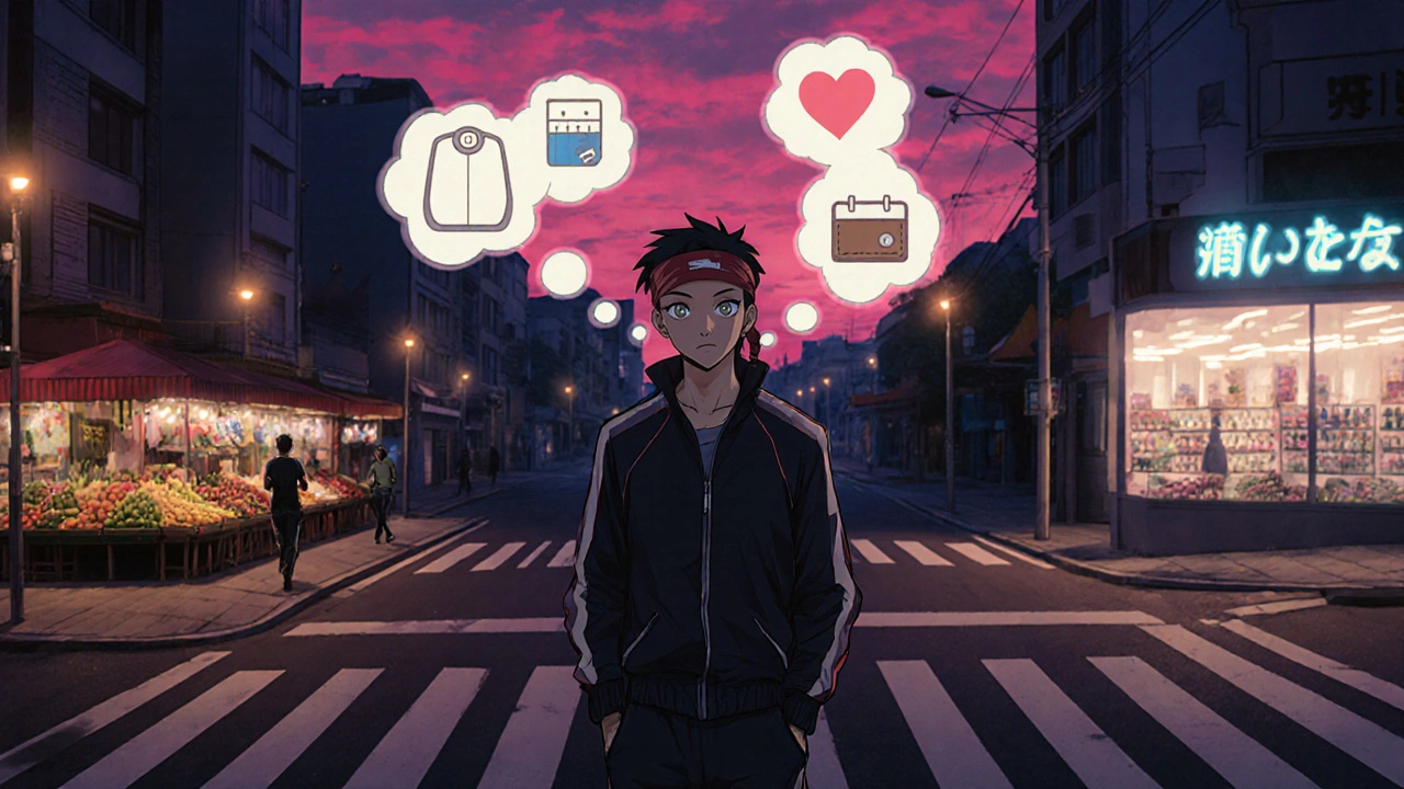 Young man at a dusk crossroads weighs diet, exercise, and medication options.