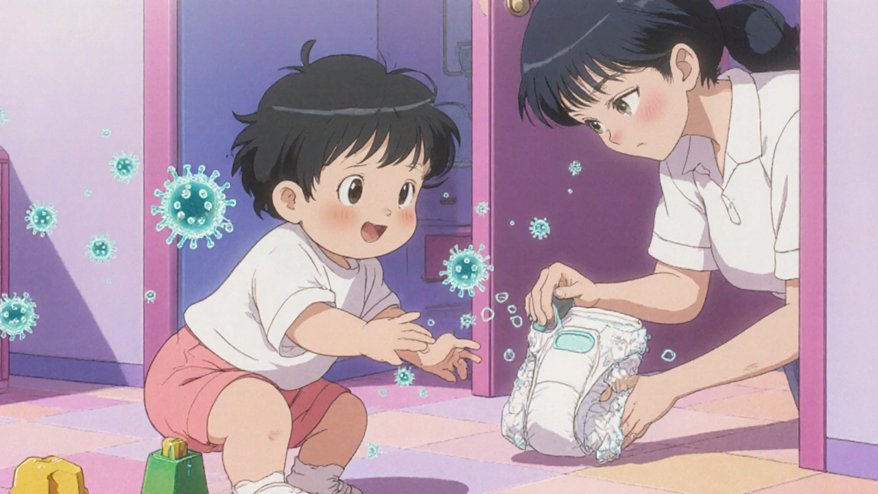 A child playing in daycare as viral particles spread from hands to toys.