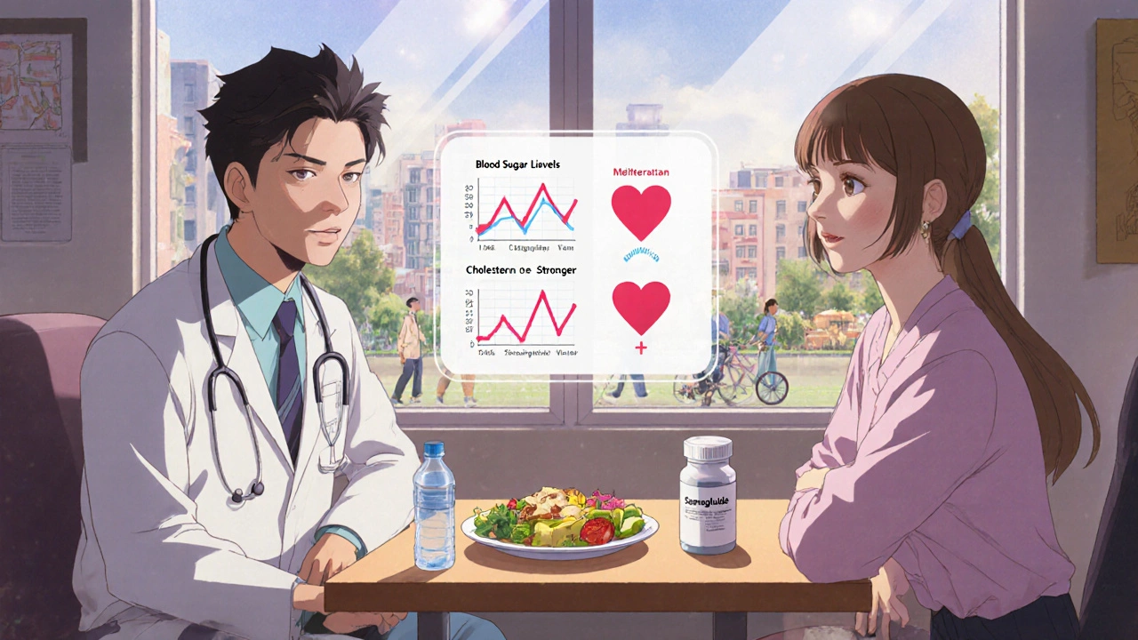 A doctor and patient in a clinic, smiling as health data and healthy food appear together.