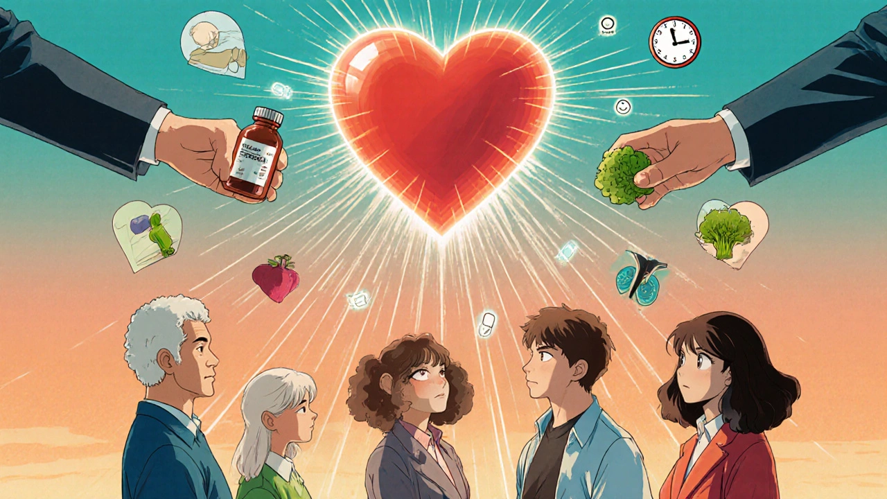 A group of people connected by glowing habits, forming a shield-like heart with medication and food.