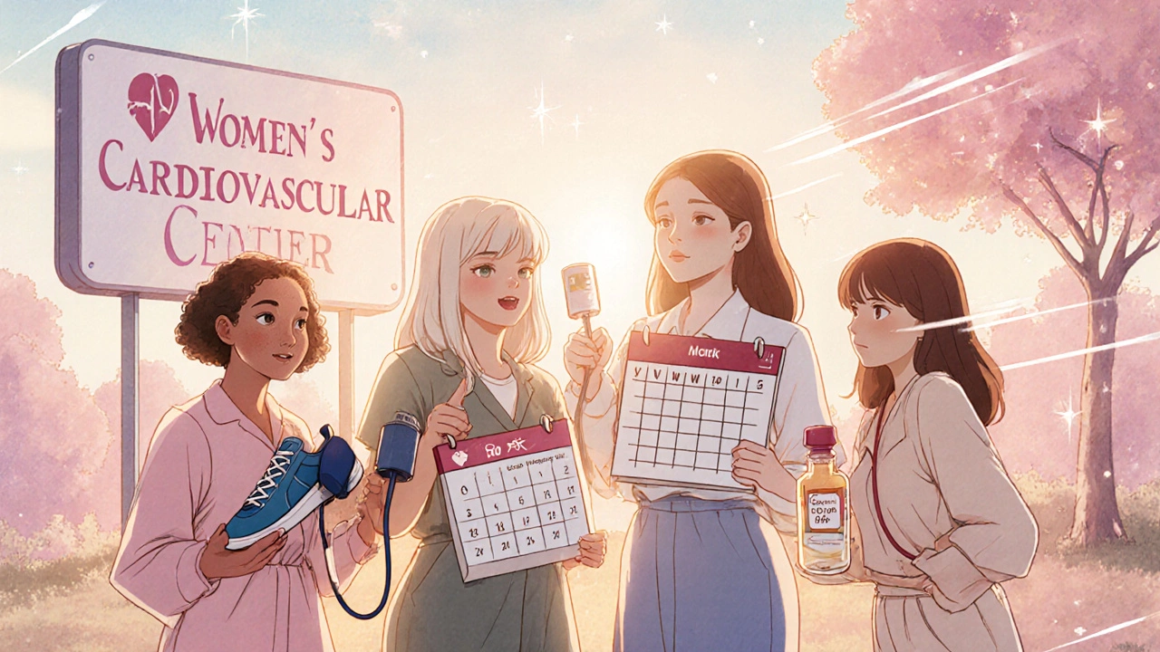 A group of women in a park holding symbols of heart health, looking toward a medical center.