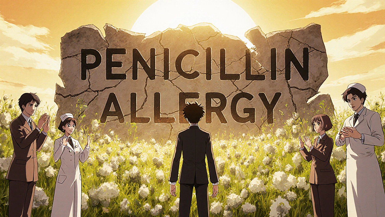 A person breaks free from a crumbling &#039;penicillin allergy&#039; label as medical professionals celebrate.