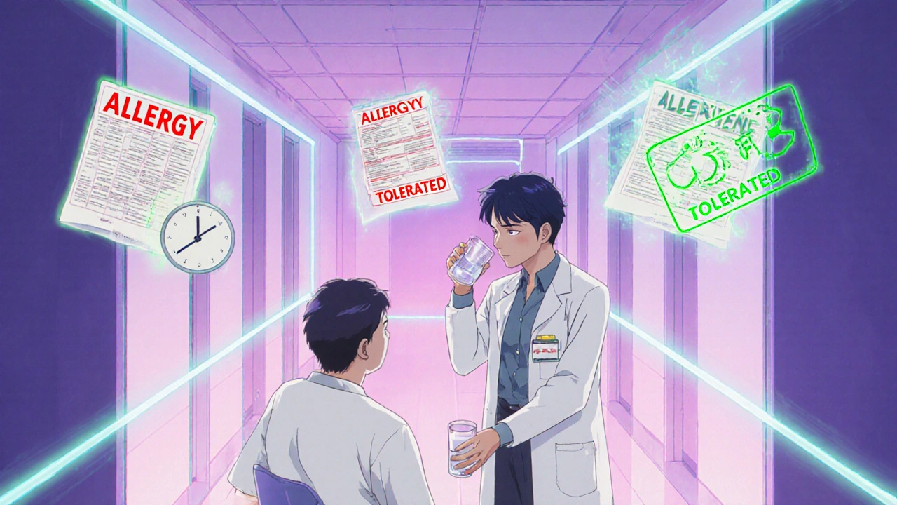 A pharmacist watches a patient take amoxicillin during a supervised allergy challenge.