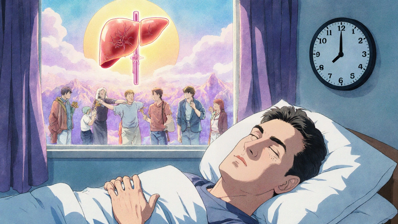 A tired adult resting as their liver heals in a dreamlike scene with vaccination symbols outside.