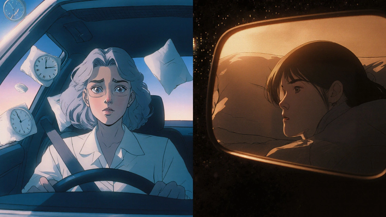 A woman drives drowsily at dawn, with ghostly sleep hallucinations in the car.