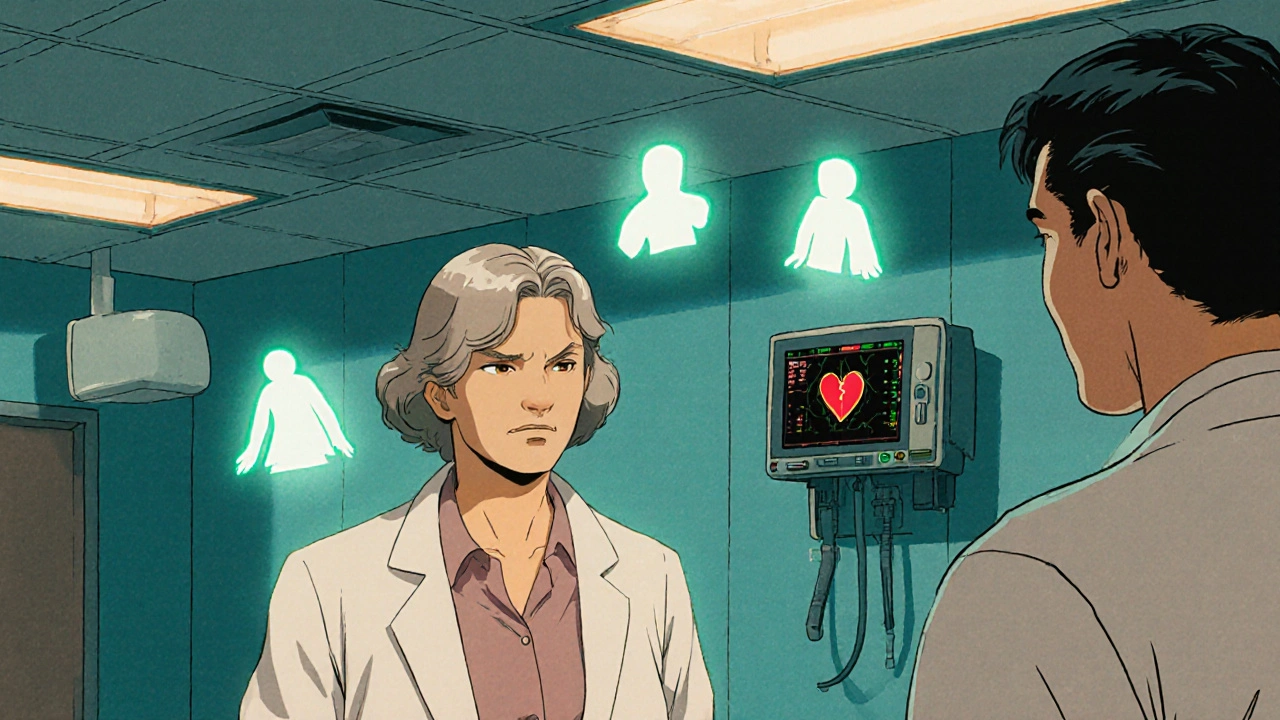 A woman in an ER being dismissed by a doctor, with ghostly heart attack symptoms glowing above her.