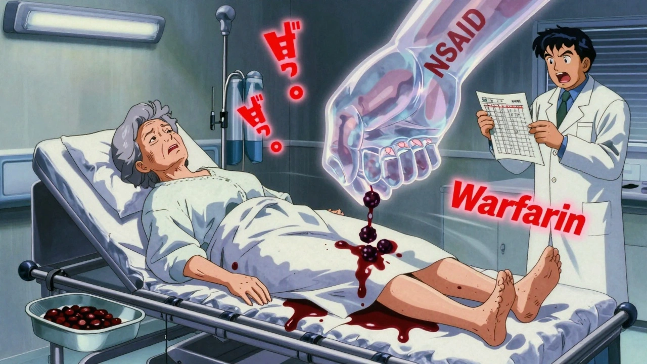 An elderly woman bleeding in an ER, with NSAID and warfarin forces destroying her blood clotting system in retro anime style.