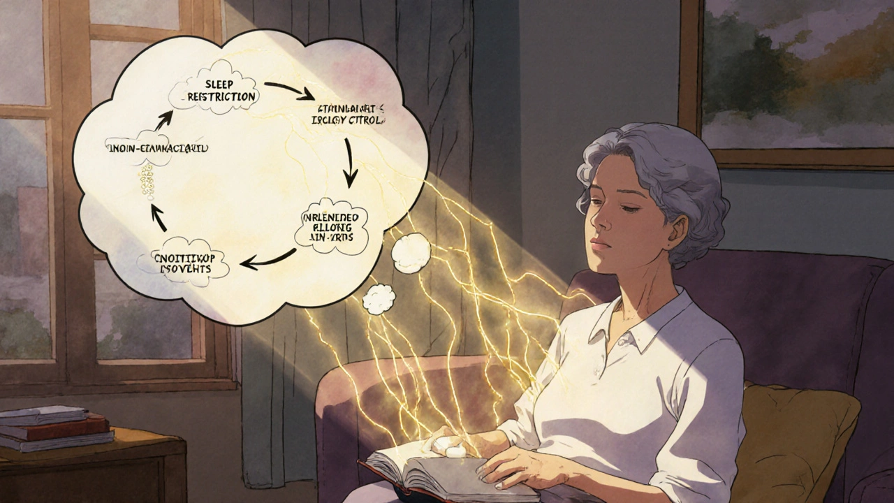 An older woman practices sleep therapy techniques in a sunlit room, no pills visible.