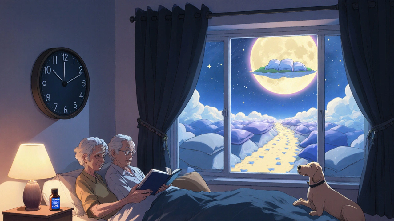 Cozy senior bedroom with melatonin, journal, and sleep symbols, glowing moon outside, peaceful anime atmosphere.
