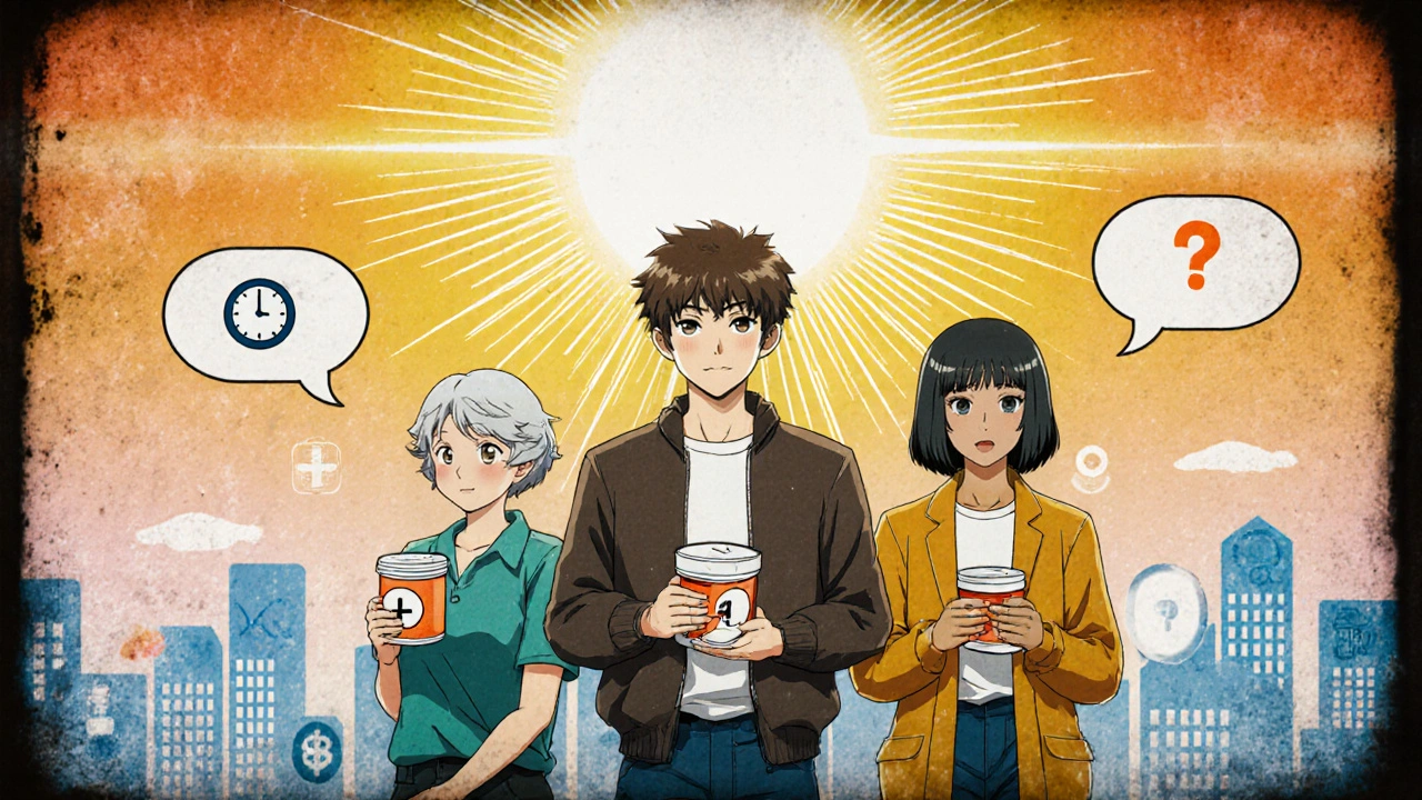 Diverse group holding medication containers under symbolic sunburst