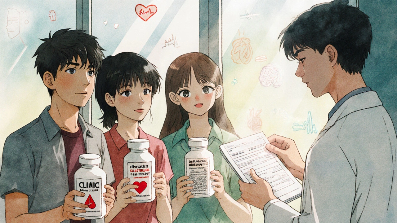 Diverse people at clinic door handing OTC meds to doctor receiving prescription pad.