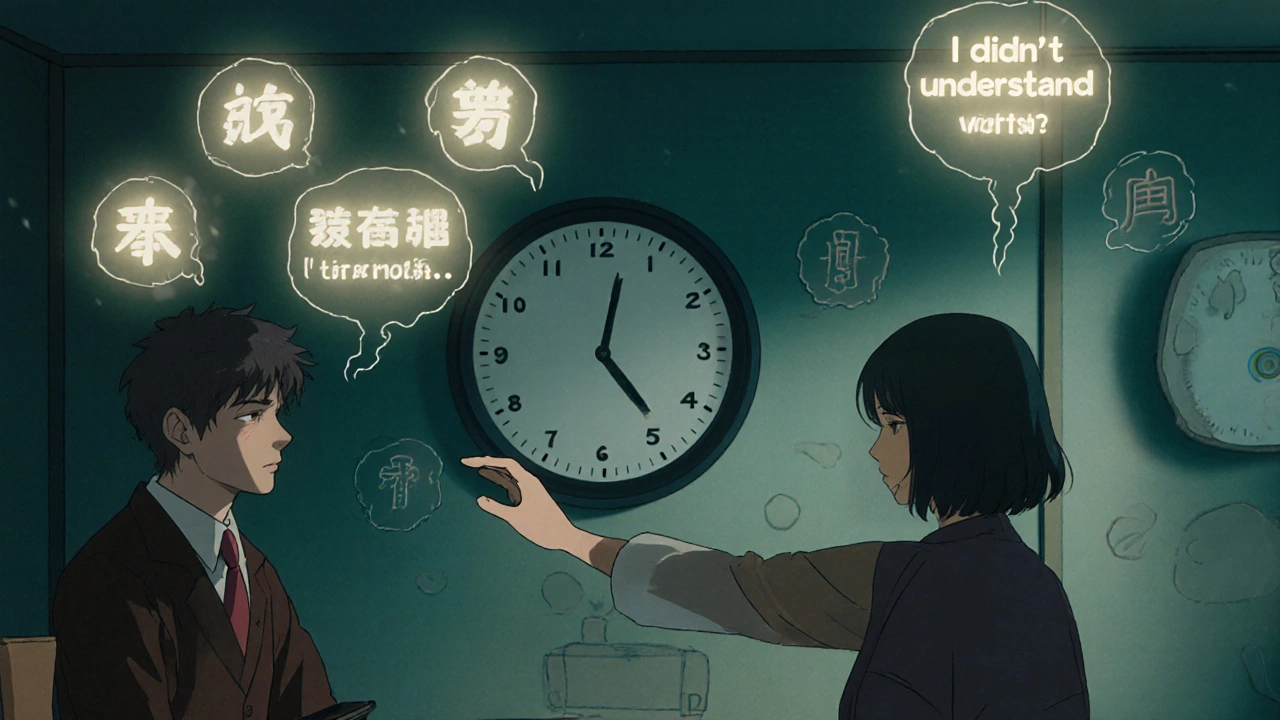 Doctor pausing during a patient visit as emotional thoughts float in the air, clock ticking dramatically.