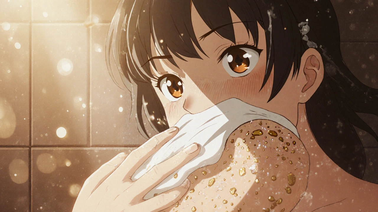 Hand applying petrolatum to damp skin after shower, golden ceramides repairing barrier