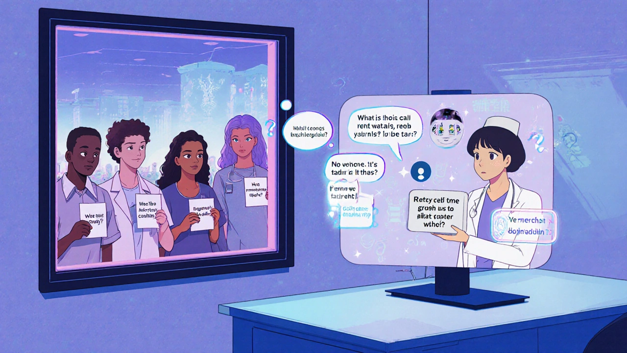 Nurse using holographic AI to communicate with a non-English-speaking patient in a rural telehealth setting.