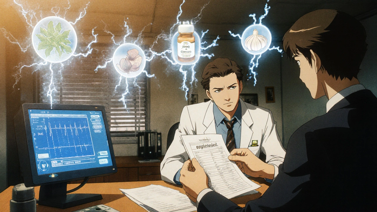 Patient giving supplement list to doctor as herbal icons disrupt medical monitor.