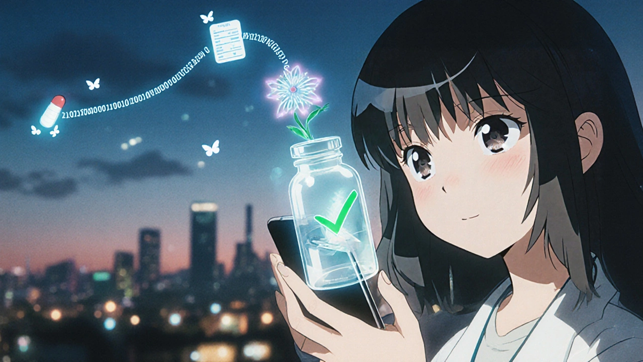 Patient holding phone over pill bottle as digital journey animation glows with serial codes in air.