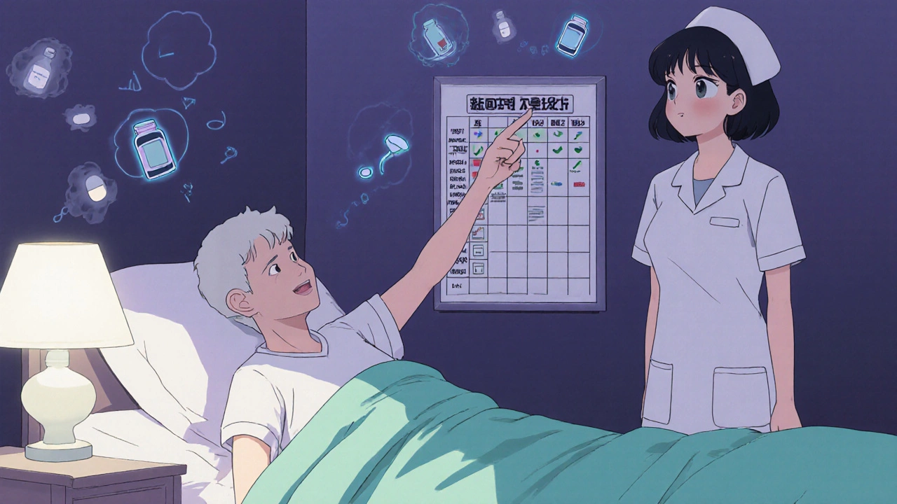 Patient pointing at medication chart in hospital room at night