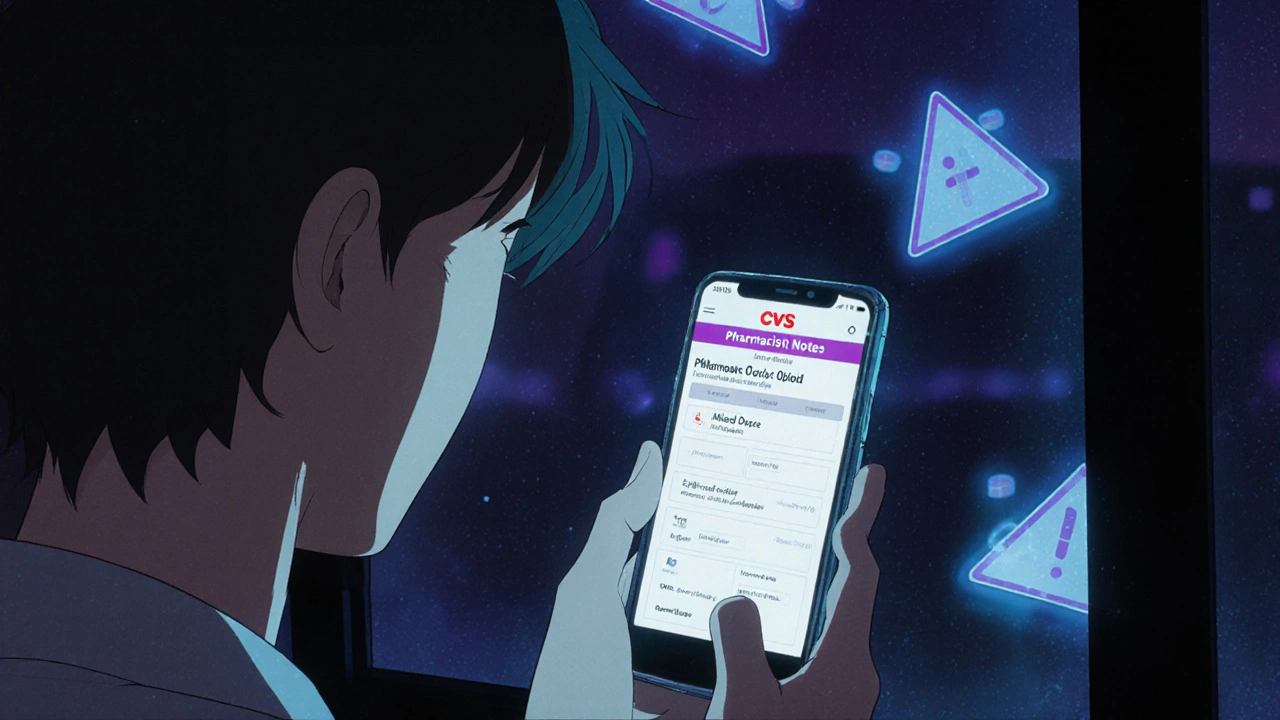 Person checks pharmacy app on phone at night, seeing opioid safety warning with anxious reflection.