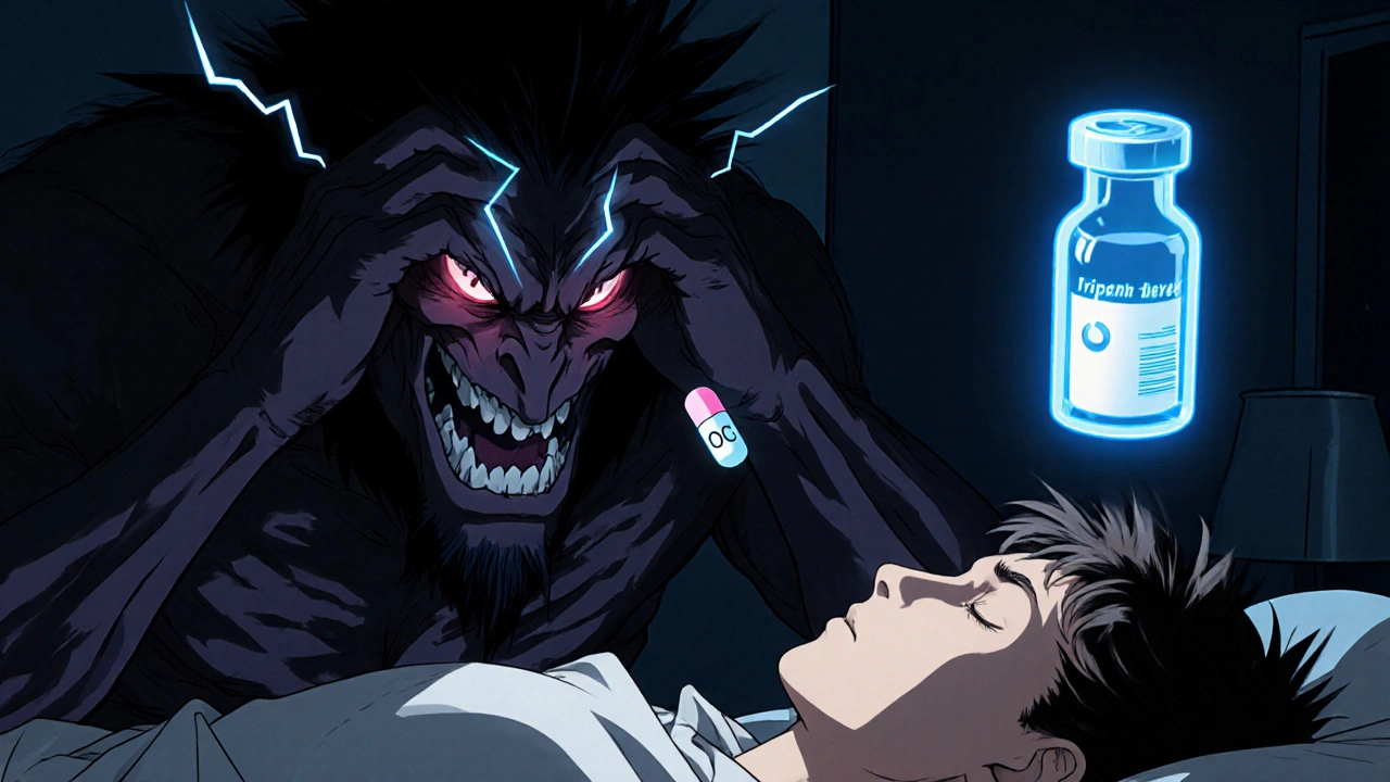 Person in dark room overwhelmed by migraine monster as OTC pill floats uselessly nearby.