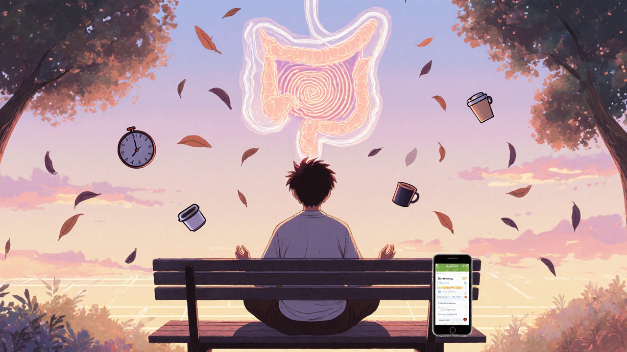 Person meditating with glowing gut patterns in nostalgic anime aesthetic
