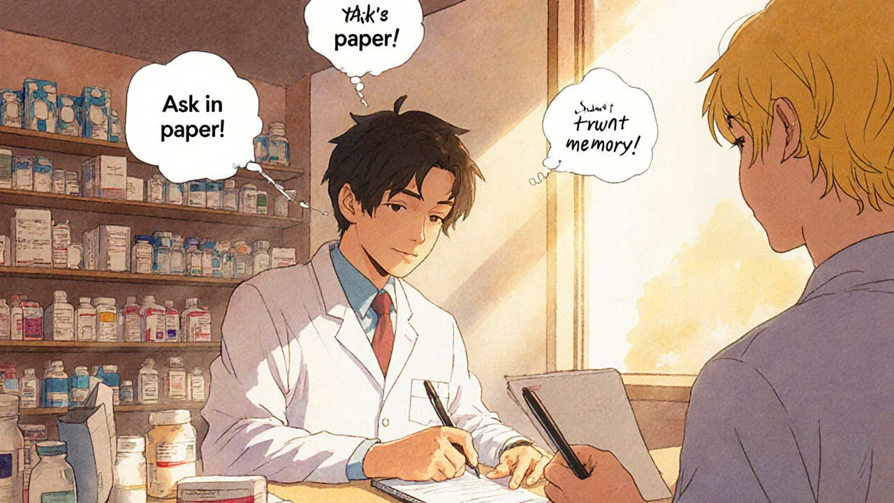 Pharmacist writes counseling notes by hand for patient in small independent pharmacy with sunlight.