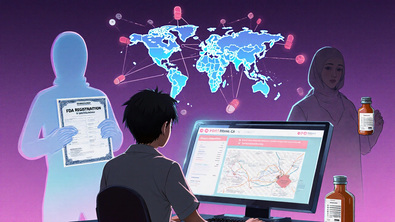 Pharmacy owner viewing a blockchain supply chain map, with a ghostly counterfeit distributor looming behind them.
