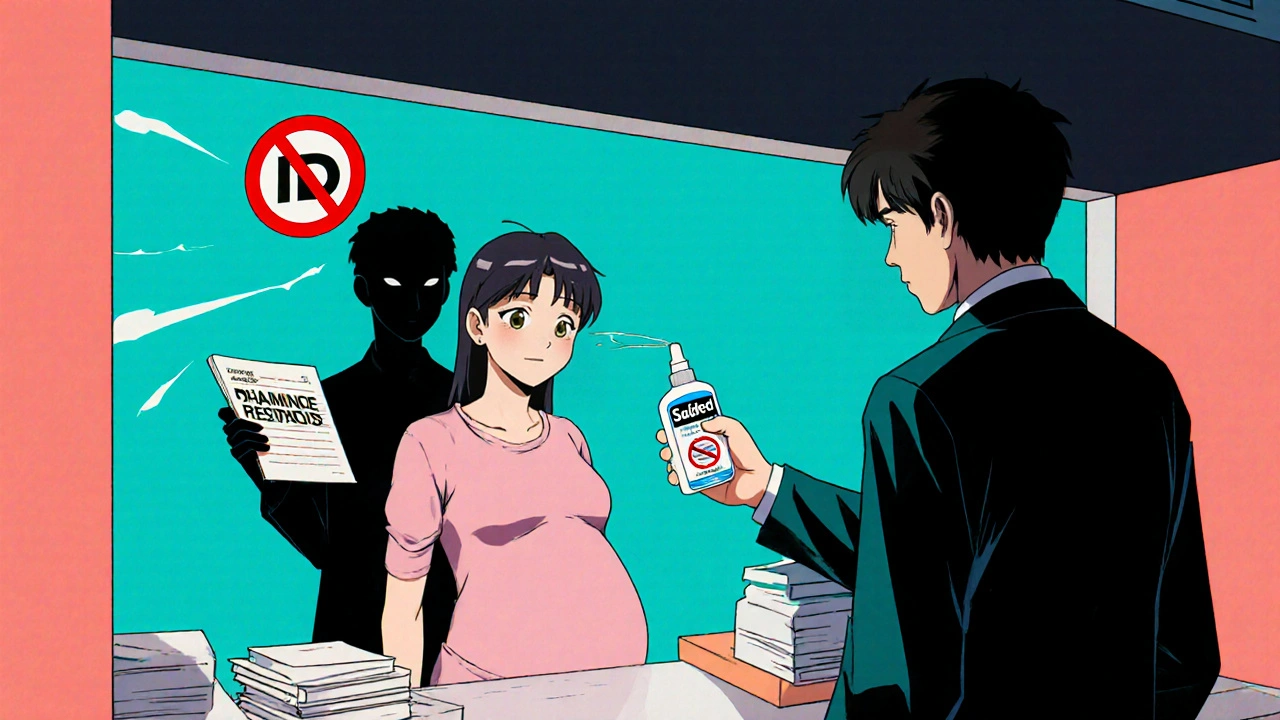 Pregnant woman getting saline spray at pharmacy while Sudafed is blocked by a red X.