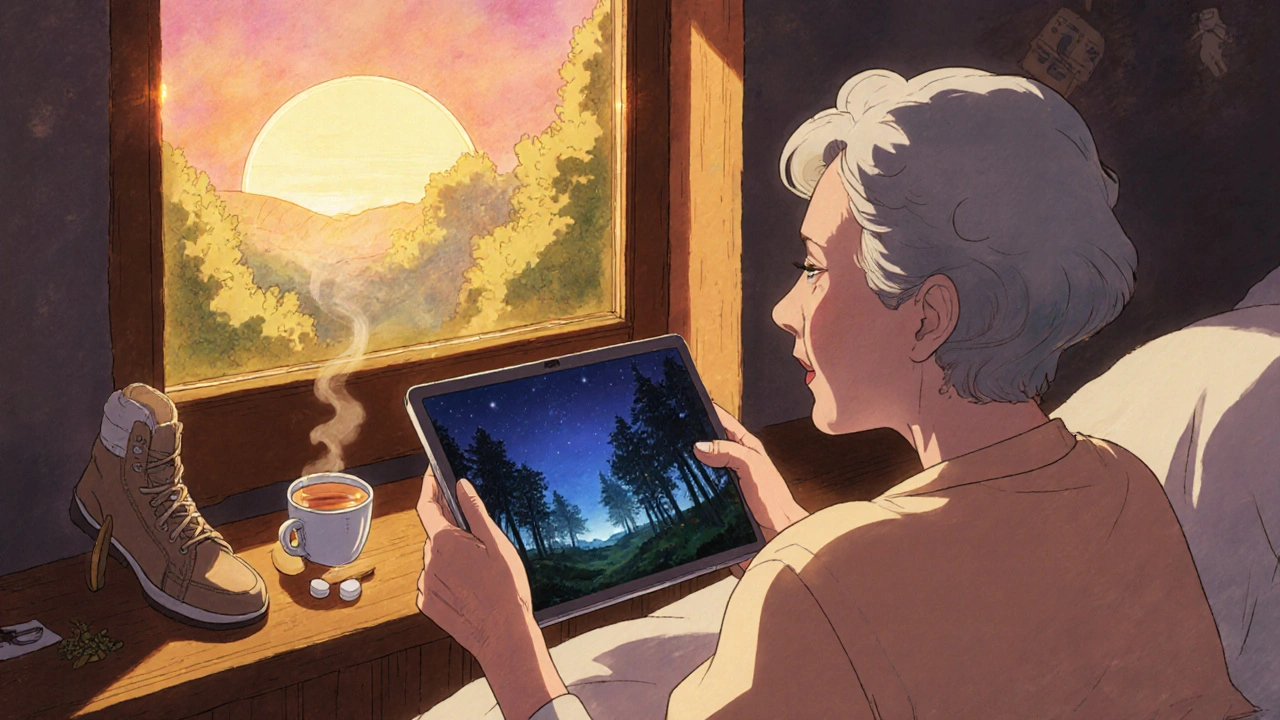 Senior woman practicing CBT-I with calming nature imagery on a tablet, sunrise in background, no pills.